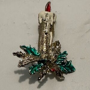 Vintage Christmas Candle With Holly Brooch Pin
